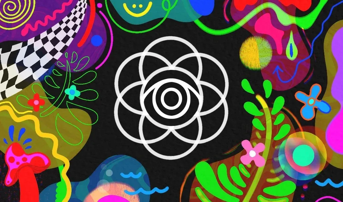 Seed of life artwork — white line drawing over psychedelic doodles
